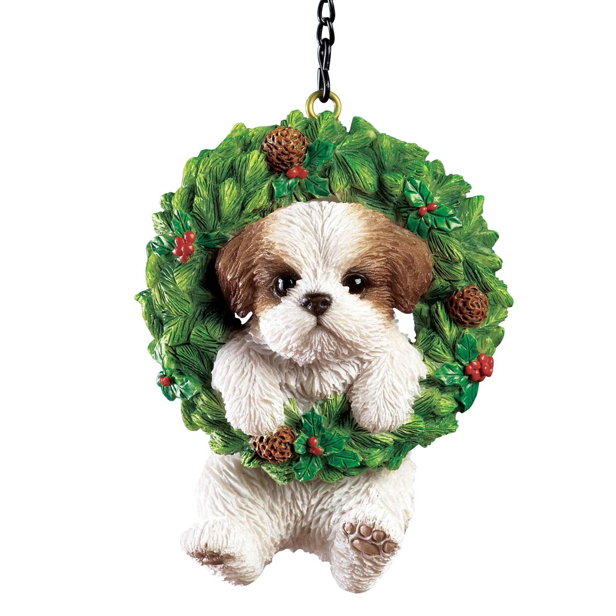 Collections Etc Hand Painted Pet-In-Wreath Hanging Christmas Tree Ornament Brown Shih Tzu