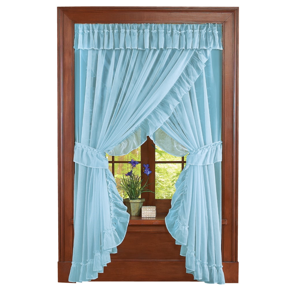 Isabella Ruffled Sheer Fabric Rod Pocket Window Curtain Set, Blue