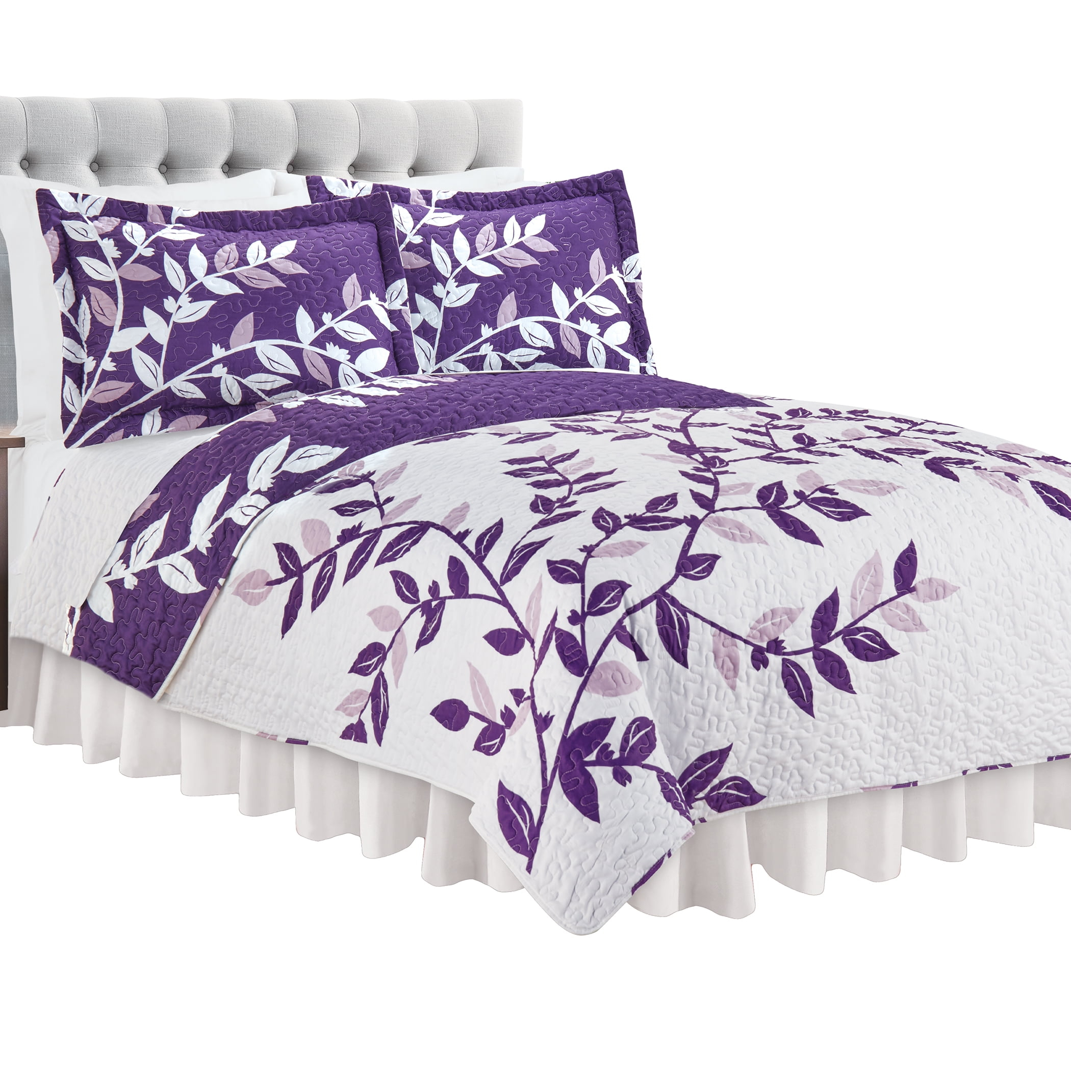 Collections Etc Unique Reversible Tonal Branches and Leaves Quilt Plum King