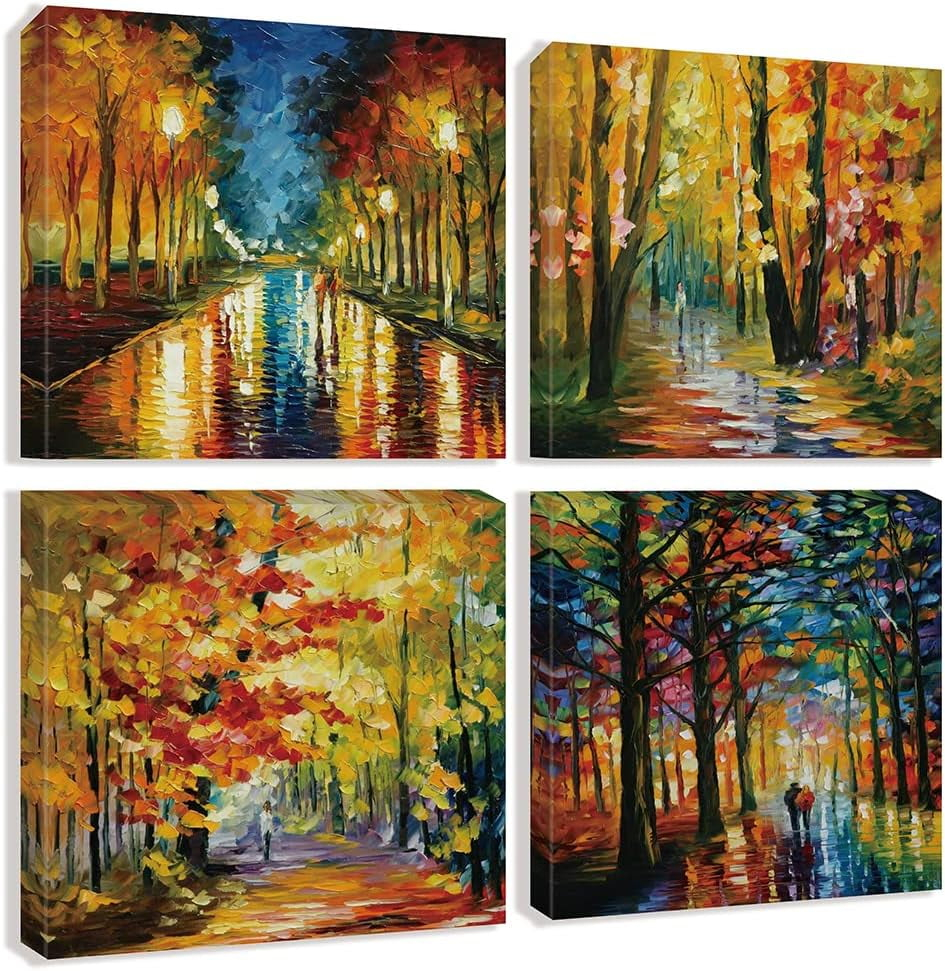JEUXUS Colorful Landscape Oil Painting Wall Art Canvas Paintings Abstract Texture Rainbow Trees with Walking People Prints Pictures 4 Pieces Living Room Bedroom Artwork 16x16in