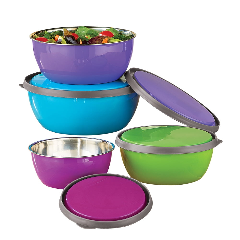 Collections Etc Colorful Stainless Steel Kitchen Nesting Bowls with Lids to Store, Prep, Serve - Set of 4, 12 oz - 38 oz.