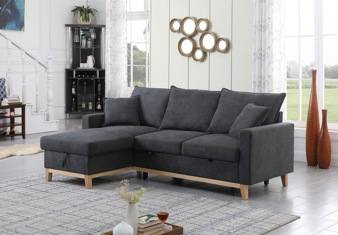 Colton Dark Gray Fabric Reversible Sleeper Sectional Sofa with Storage Chaise