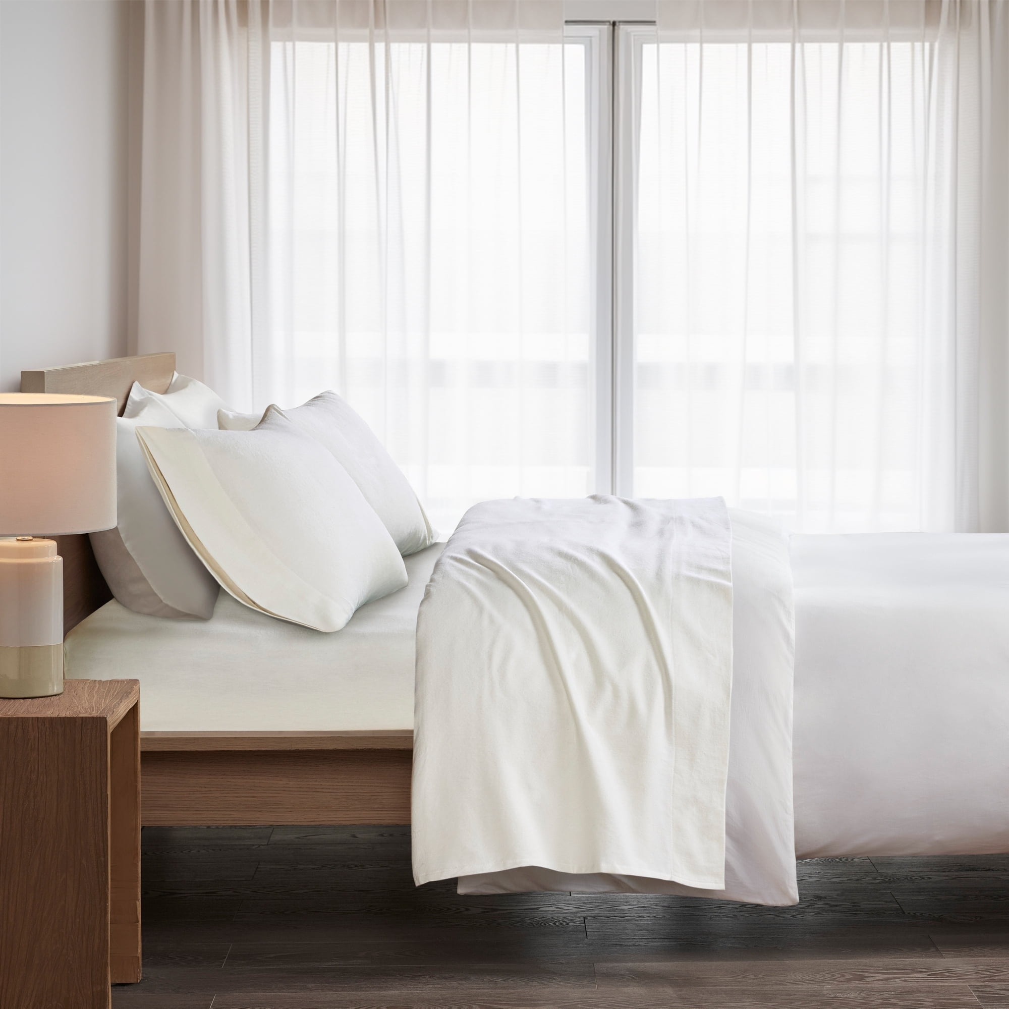 Cal King Size Bed Sheets Set, 4-Piece Cozy Cotton Flannel Sheets Set Cal King with Deep Pocket Fitted Sheet, Ivory Solid