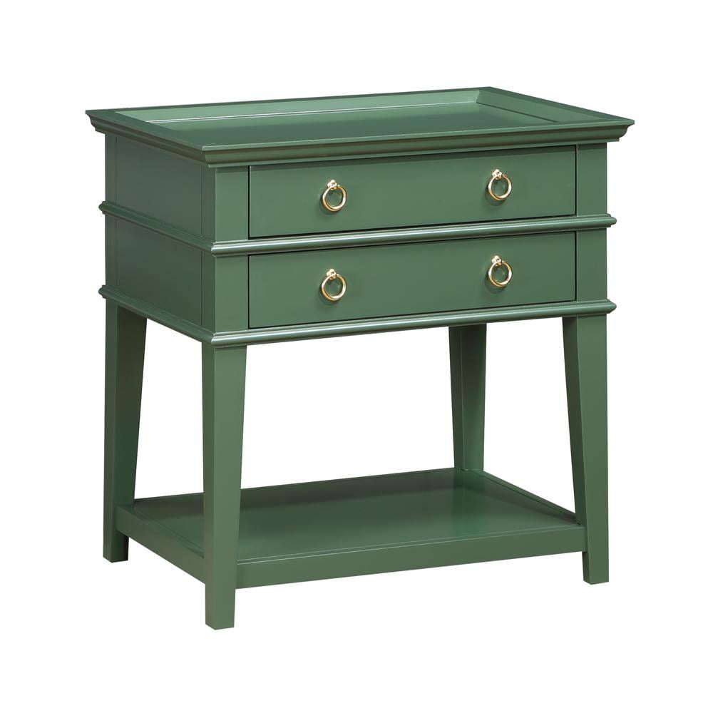 Comfort Pointe Clara Vintage Green Wood 2-Drawer Tray Top Nightstand