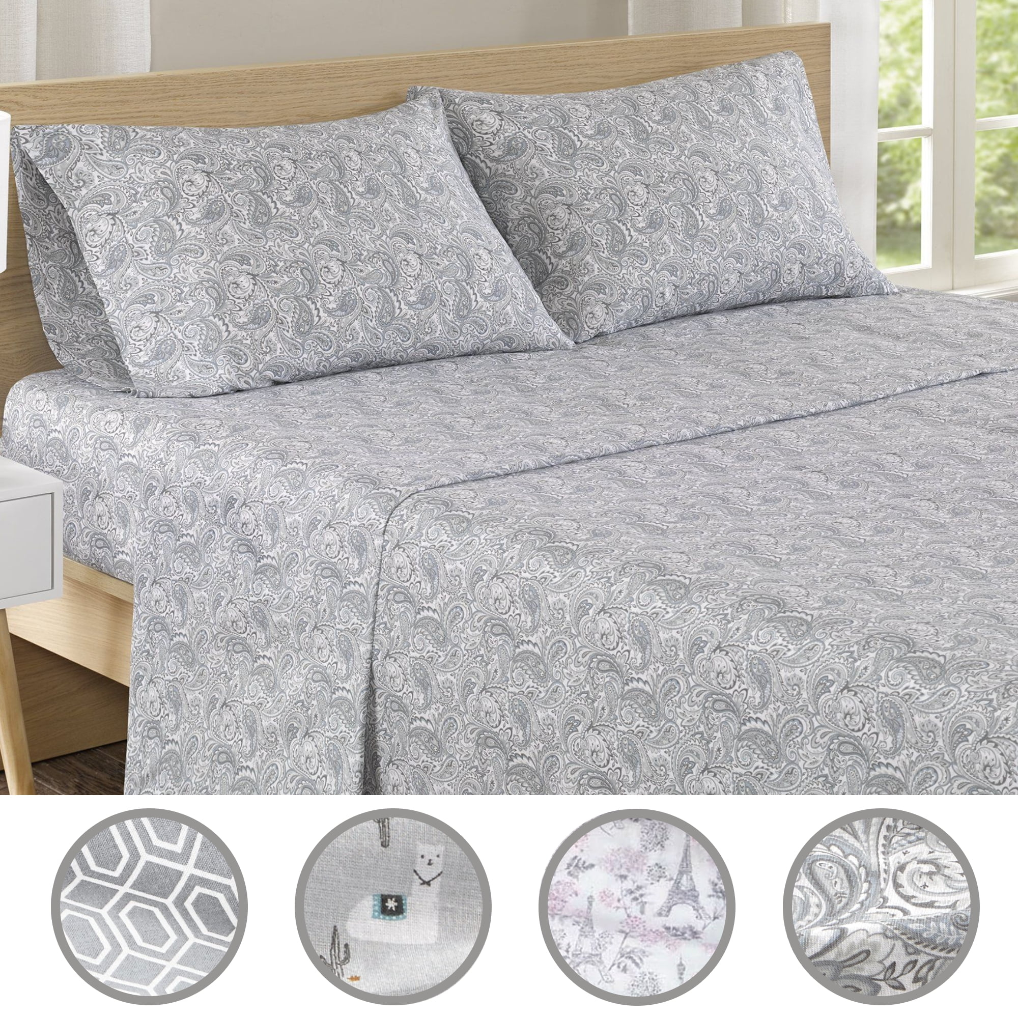 Comfort Spaces 100% Cotton King Sheet Set4-Pieces Gray Paisley Lightweight Breathable All Season Cozy Sheet Set
