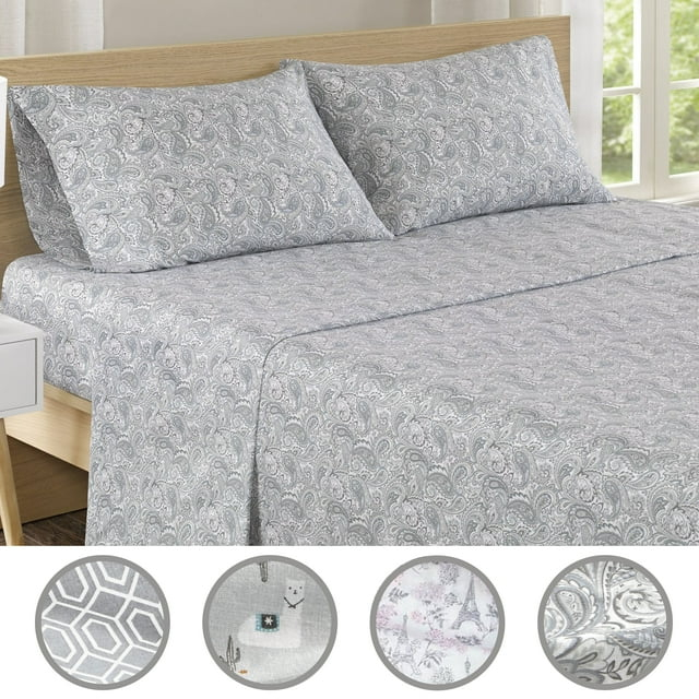 Comfort Spaces 100% Cotton King Sheet Set4-Pieces Gray Paisley Lightweight Breathable All Season Cozy Sheet Set