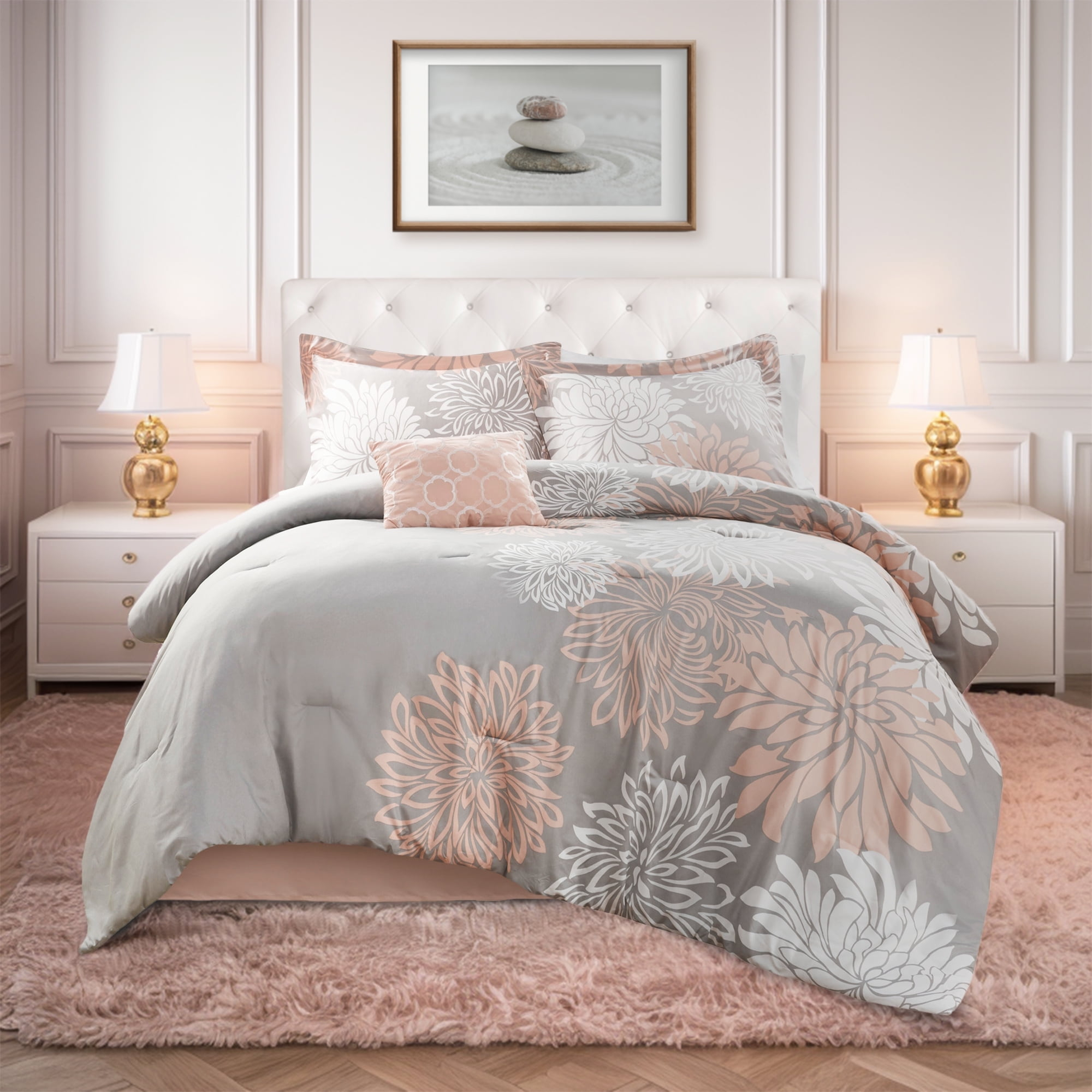 Comfort Spaces King Bedding Comforter Set, Blush Microfiber Comforters King Size Set W/ Bed Skirt, Floral, 5 Pieces