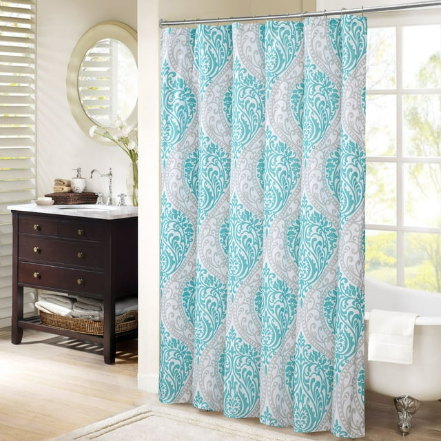 Comfort Spaces Coco Microfiber Teal/Gray Printed Damask Shower Curtain, 72"x72"