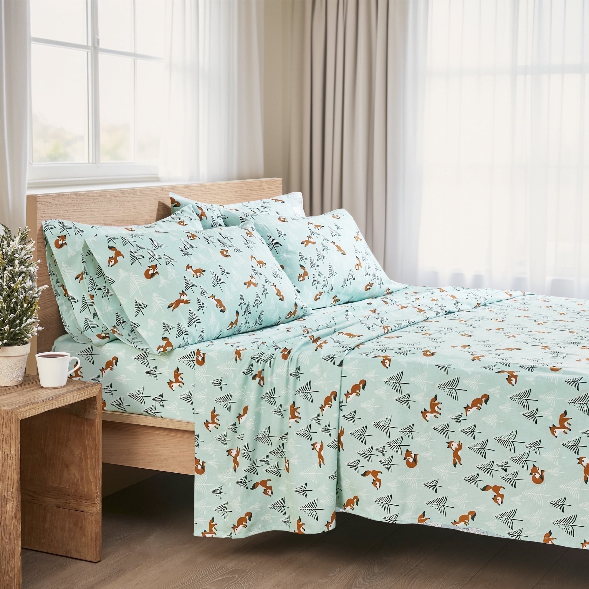 Comfort Spaces Sábanas de Franela Tamaño Queen con Bolsillo, 100% Algodón, Novalty Seafoam Foxes, Juegos de Sábanas Tamaño Queen, 4 Piezas