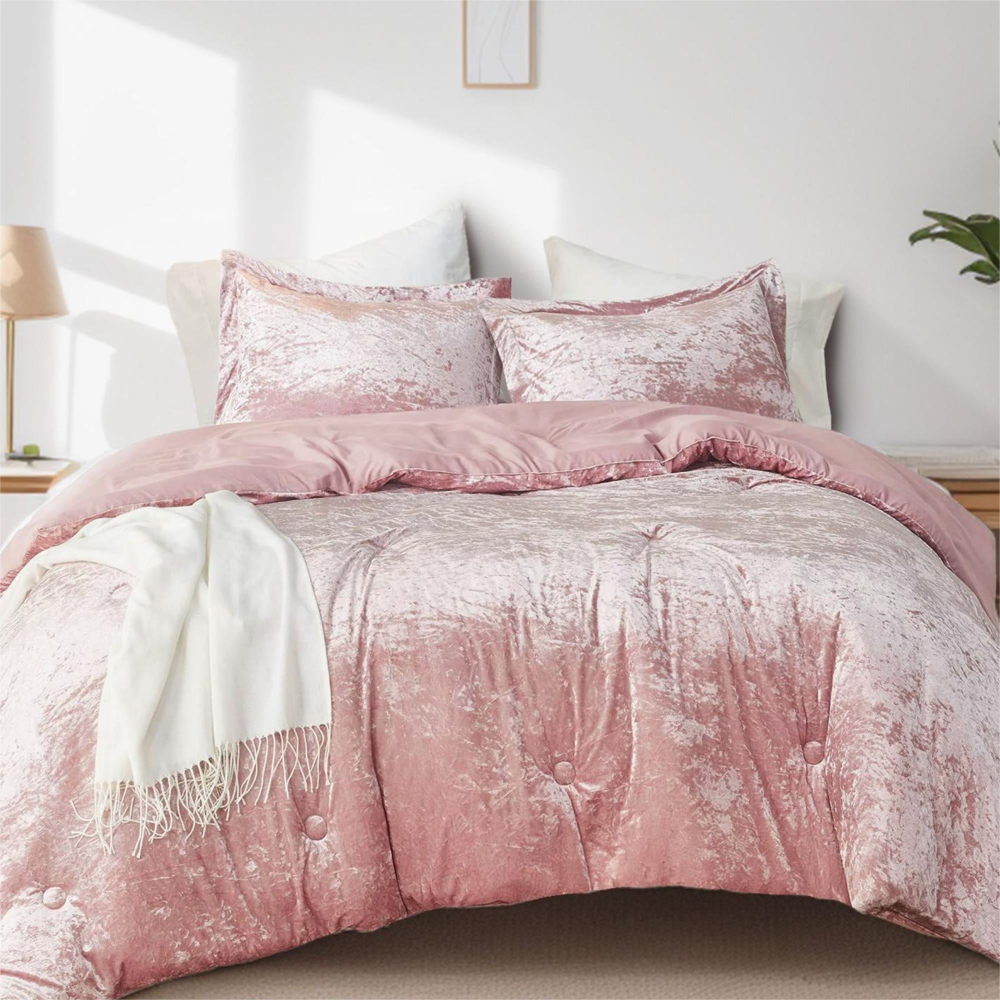 Comfort Spaces Full/Queen Cozy Velvet Comforter Sets, Luxe 3-Piece All Season Down Alternative Bedding Set, Pink Blush Damask Comforter Bed Set with Pillow Shams