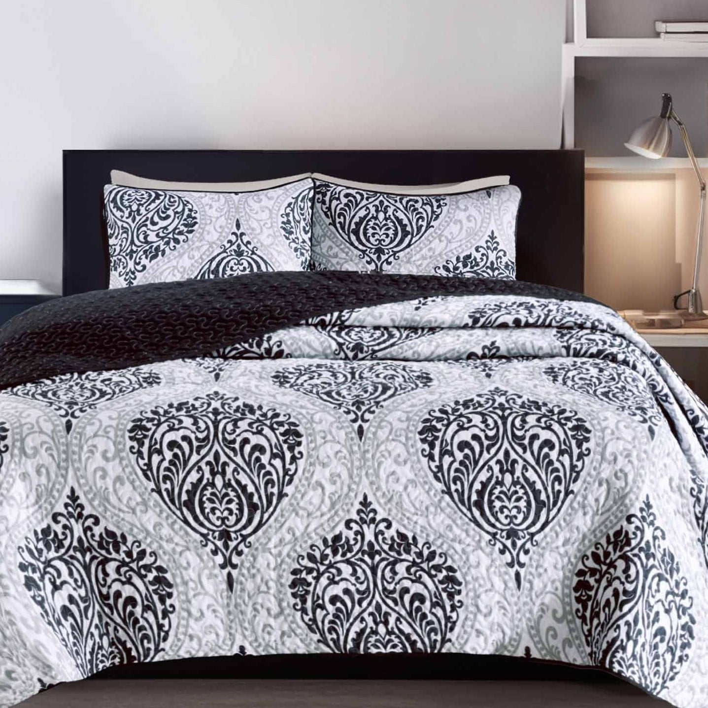 Comfort Spaces Coco 3 Piece Black and White Damask Coverlet Set, Queen | Lightweight Summer
