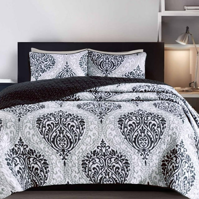 Comfort Spaces Coco 3 Piece Black and White Damask Coverlet Set, Queen | Lightweight Summer
