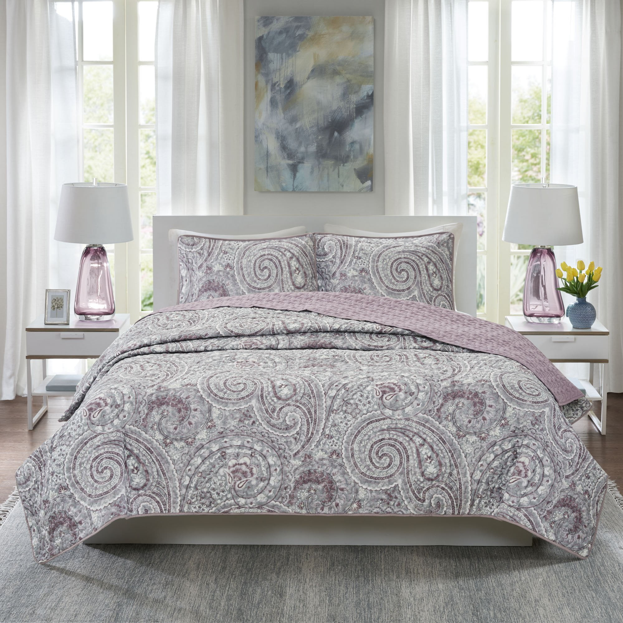 Comfort Spaces Queen Quilt Set, Reversible 3-Piece Quilt Set Set for All Season, Lightweight, Purple, Full/Queen