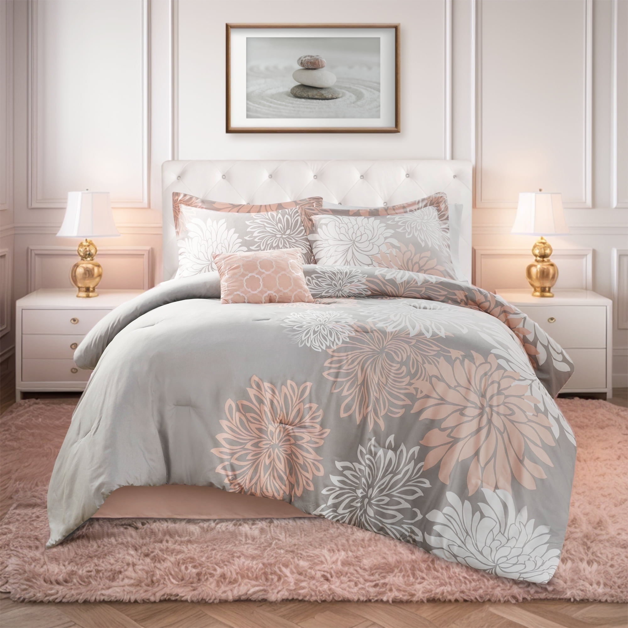 Comfort Spaces King Bedding Comforter Set, Blush Microfiber Comforters King Size Set W/ Bed Skirt, Floral, 5 Pieces