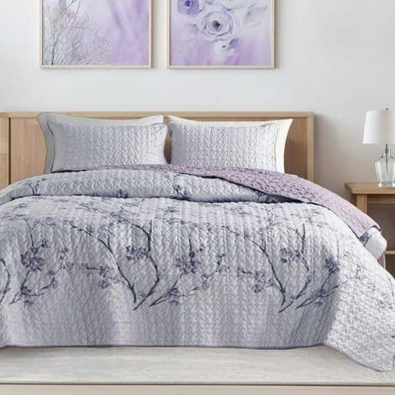 Comfort Spaces Reversible Twin/TwinXL Quilt Set Gray/Purple Lightweight Microfiber Vermicelli Stitching Bedspread, 2pcs