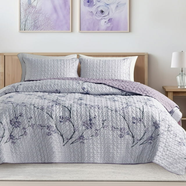 Comfort Spaces Reversible Twin/TwinXL Quilt Set Gray/Purple Lightweight Microfiber Vermicelli Stitching Bedspread, 2pcs