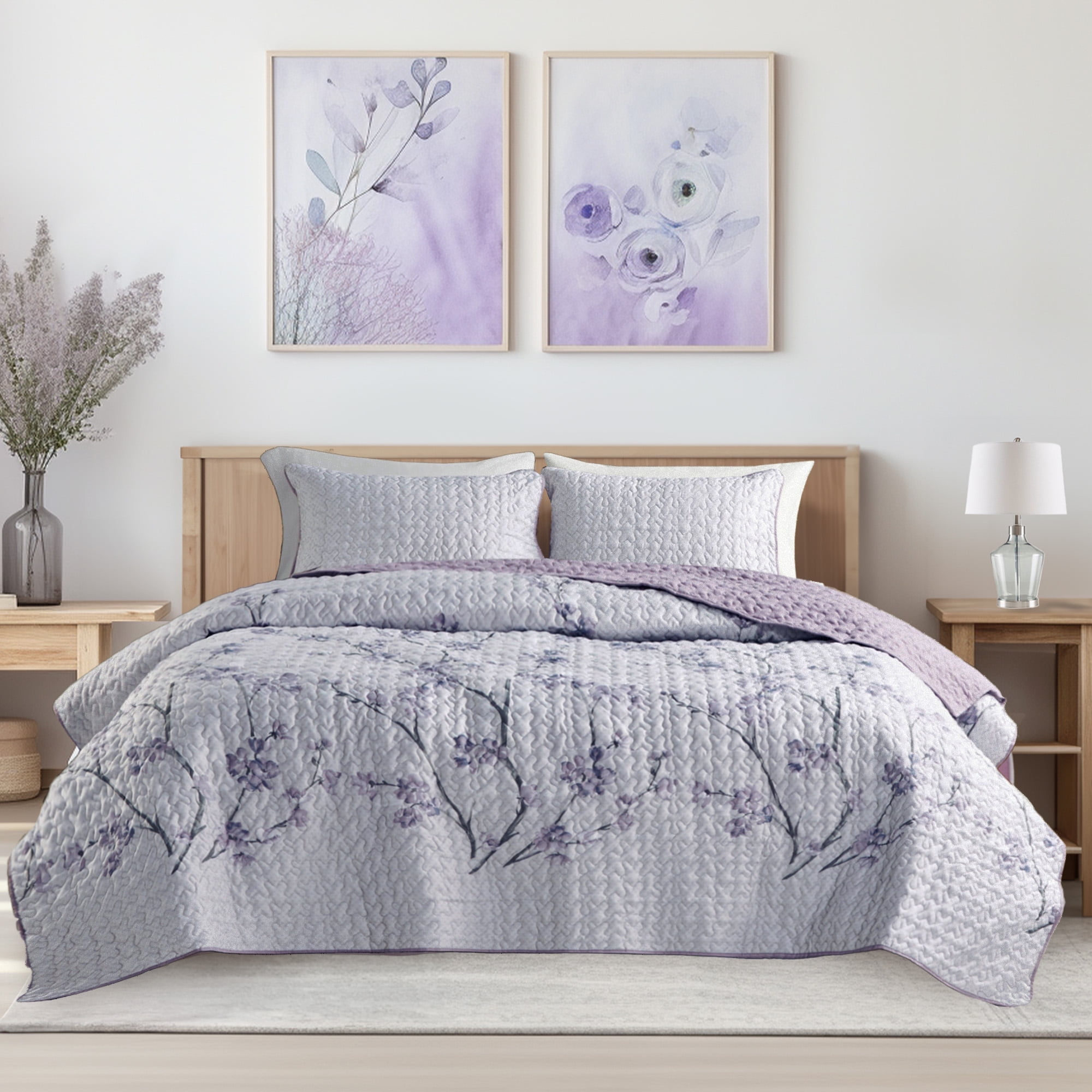 Comfort Spaces Reversible Twin/Twin XL Quilt Set, 2-Piece Floral Coverlet Set, Lightweight Bedspreads, Gray/Purple
