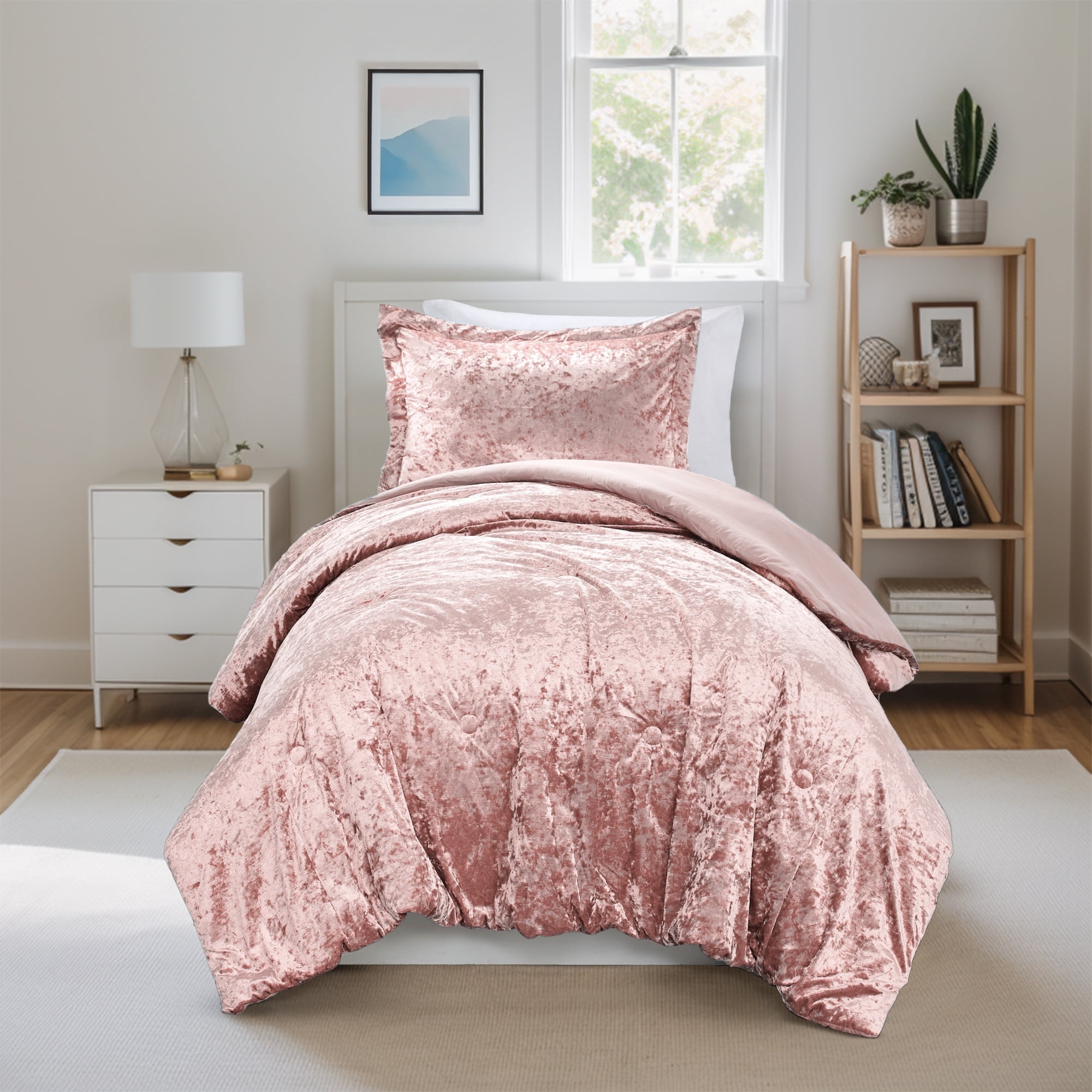Comfort Spaces Twin/Twin XL Cozy Velvet Comforter Sets, Luxe 2-Piece All Season Down Alternative Bedding Set, Pink Blush Damask Comforter Bed Set with Pillow Shams