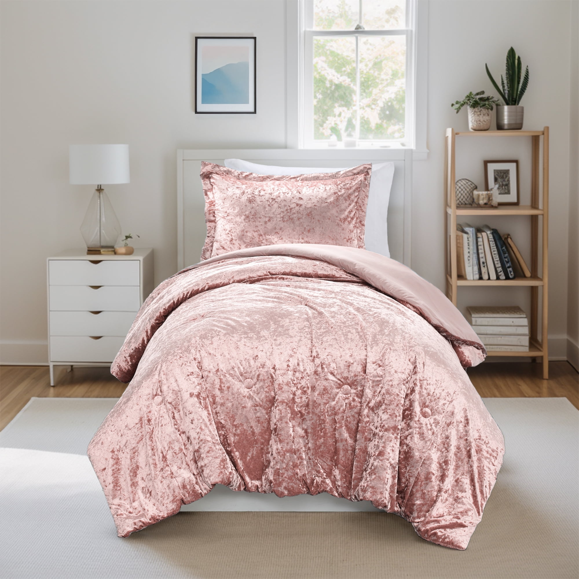 Comfort Spaces Twin/Twin XL Cozy Velvet Comforter Sets, Luxe 2-Piece All Season Down Alternative Bedding Set, Pink Blush Damask Comforter Bed Set with Pillow Shams