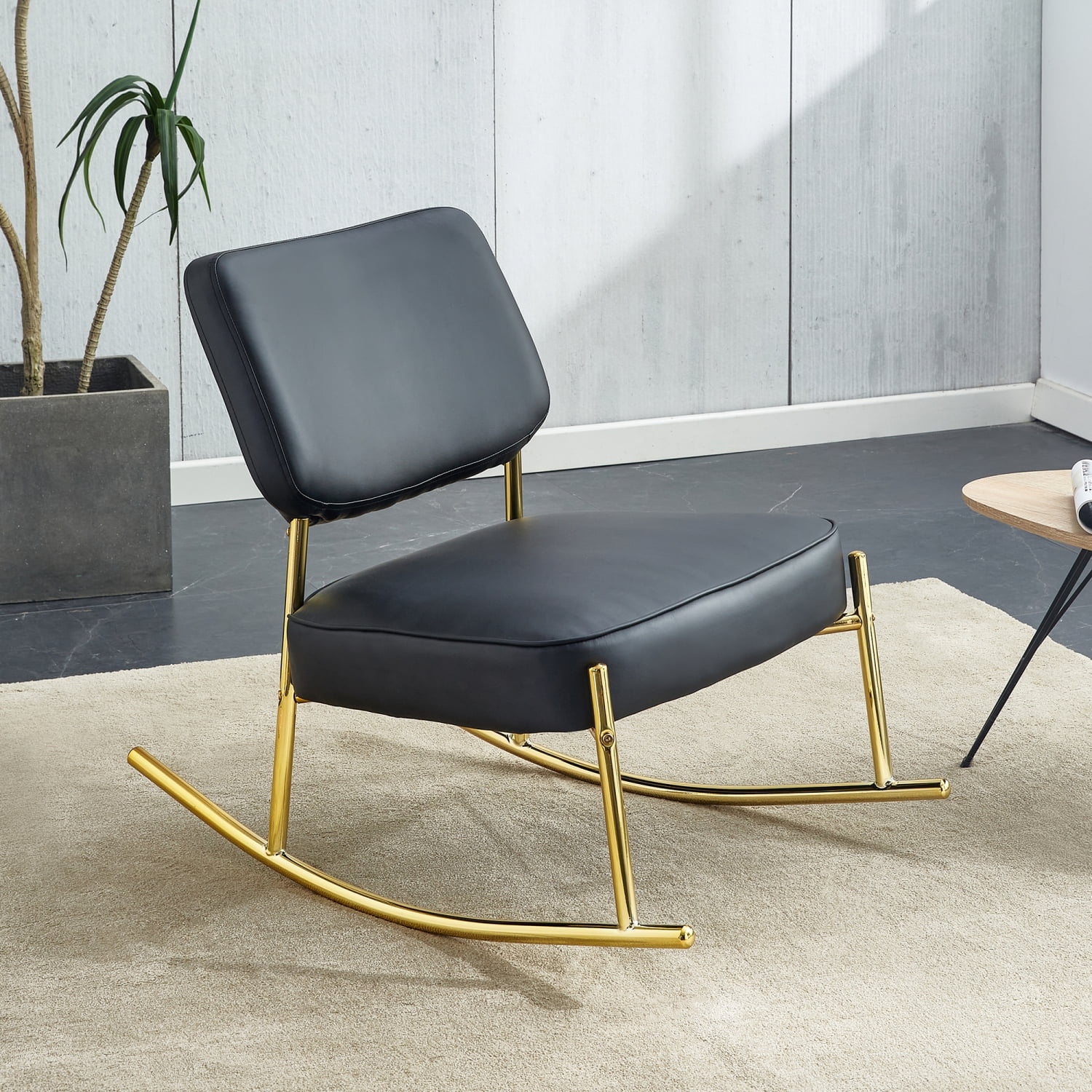 PU Material Cushioned Rocking Chair, Unique Rocking Chair, Cushioned Seat, Black Backrest Rocking Chair and Gold Metal Legs. Comfortable Side Chairs In The Living Room, Bedroom and office