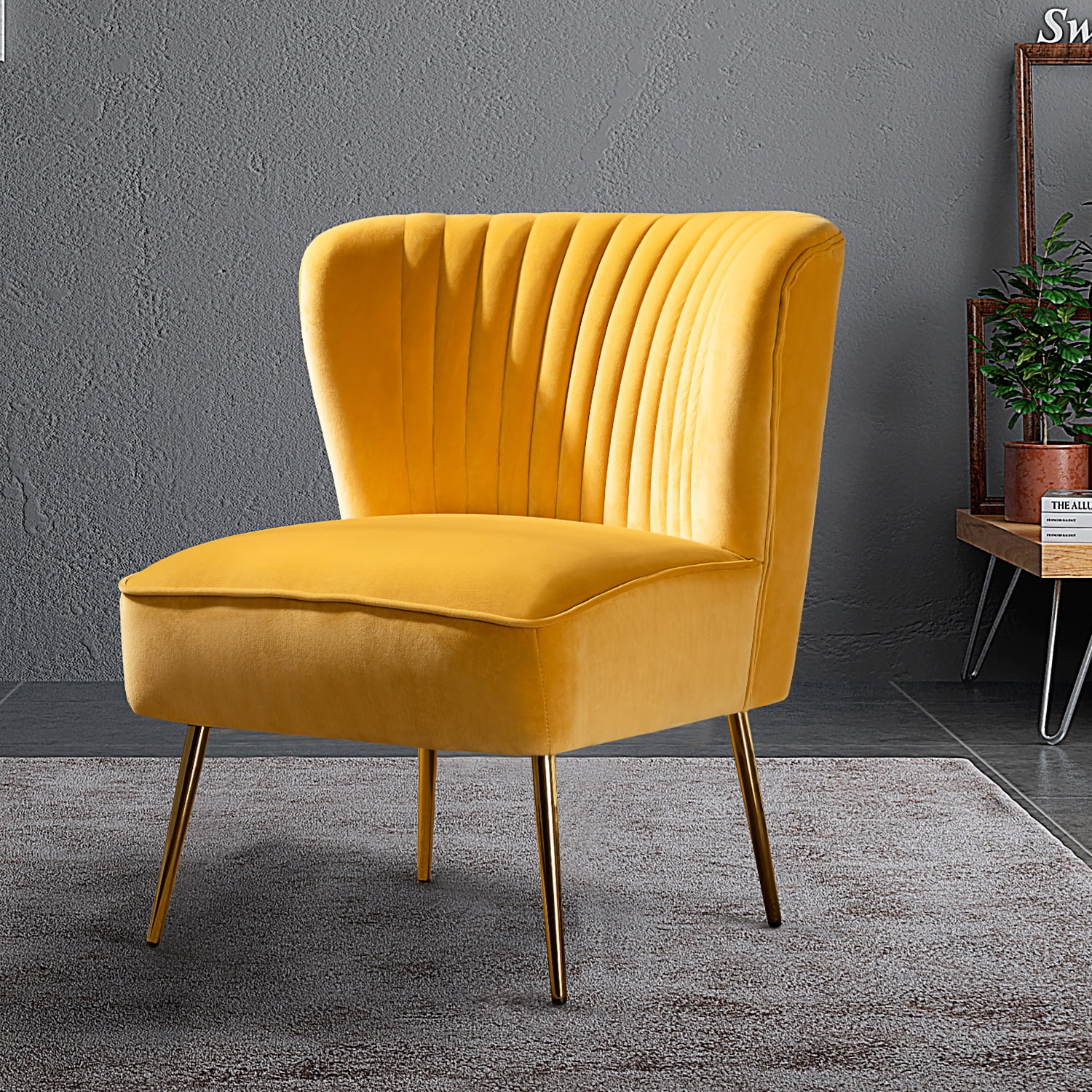 Comfy Velvet Accent Chair Transitional Armless Side Chair Gold Leg Vanity Living Room Adult Mustard