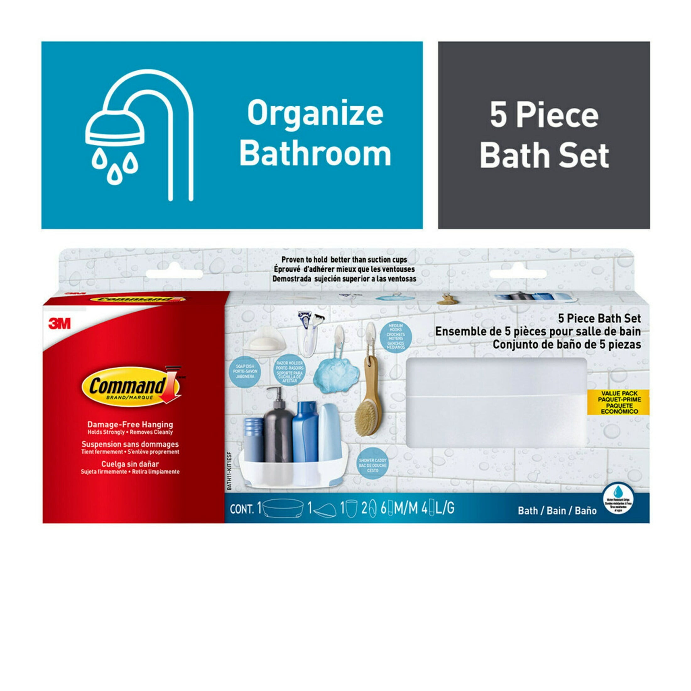 Command 5 Piece Bath Set, 1 Caddy, 1 Soap Dish, 1 Razor Holder, 2 Medium Hooks