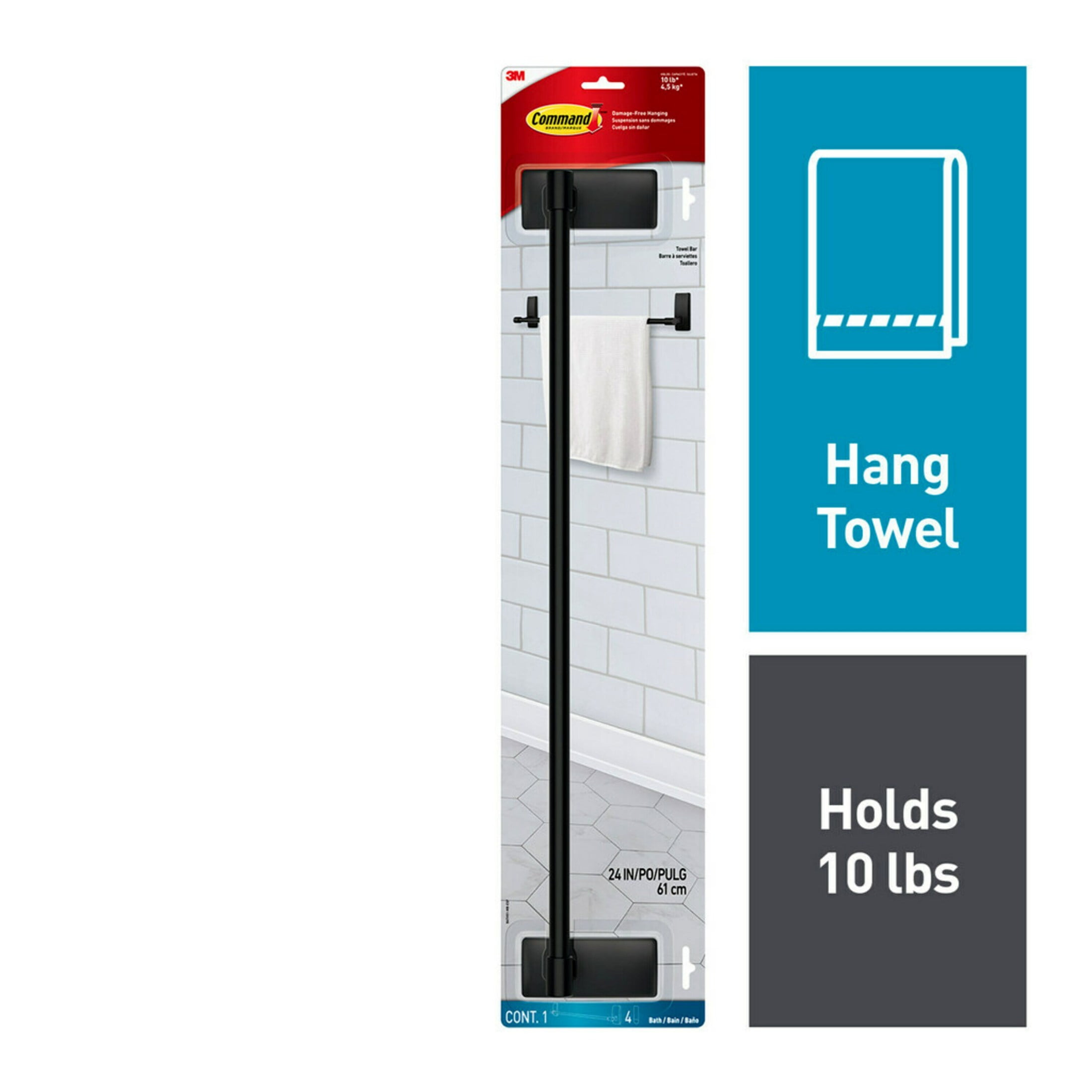 Command Bath Matte Black Towel Bar, Holds 10 lbs, 2 Large Strips
