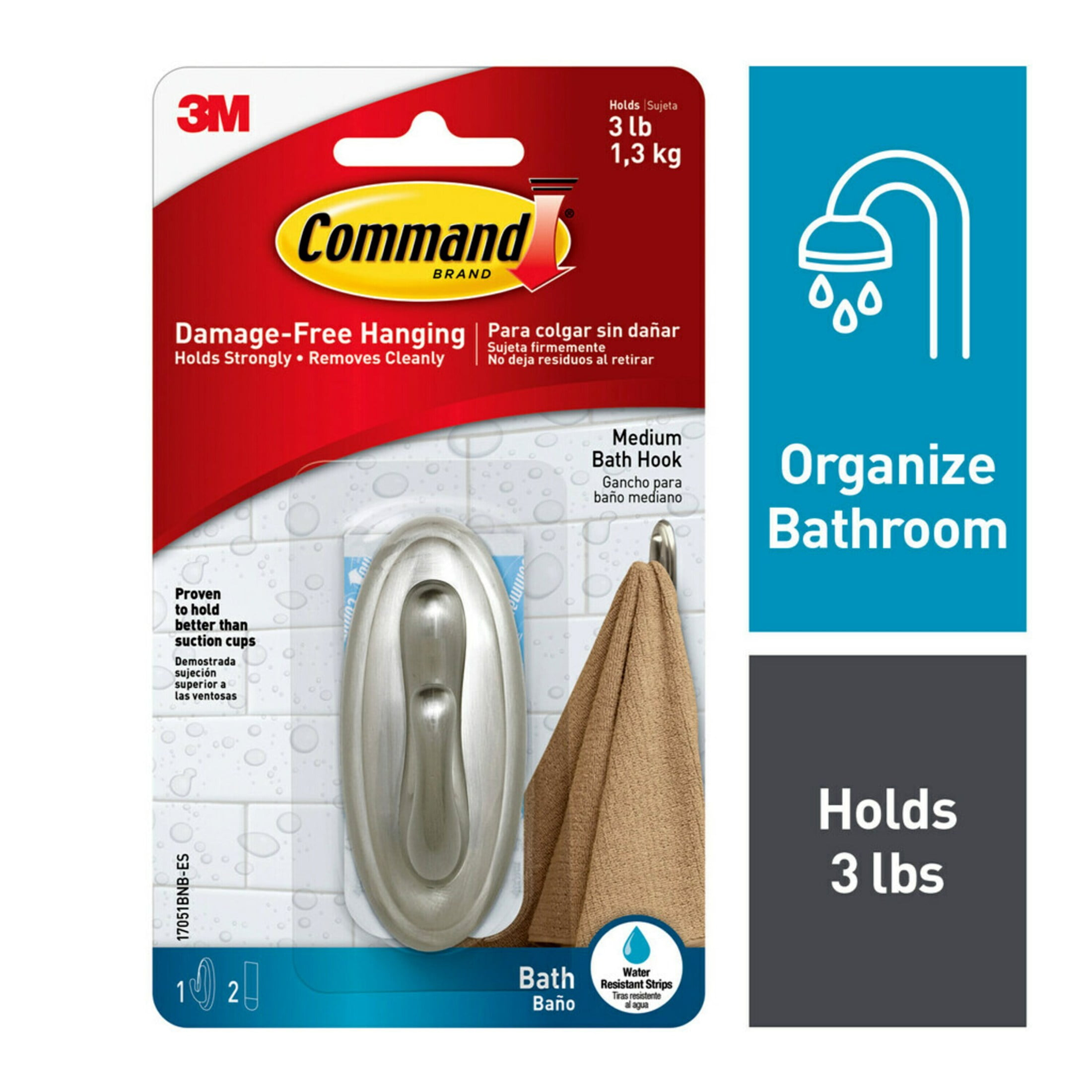 Command Bath Traditional Brushed Nickel Hook, Medium, 1 Wall Hook, 2 Water Resistant Strips