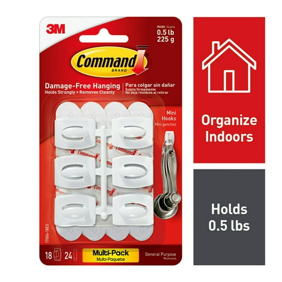 Command Mini Wall Hooks, White, Damage Free Decorating, 18 Hooks and 24 Command Strips