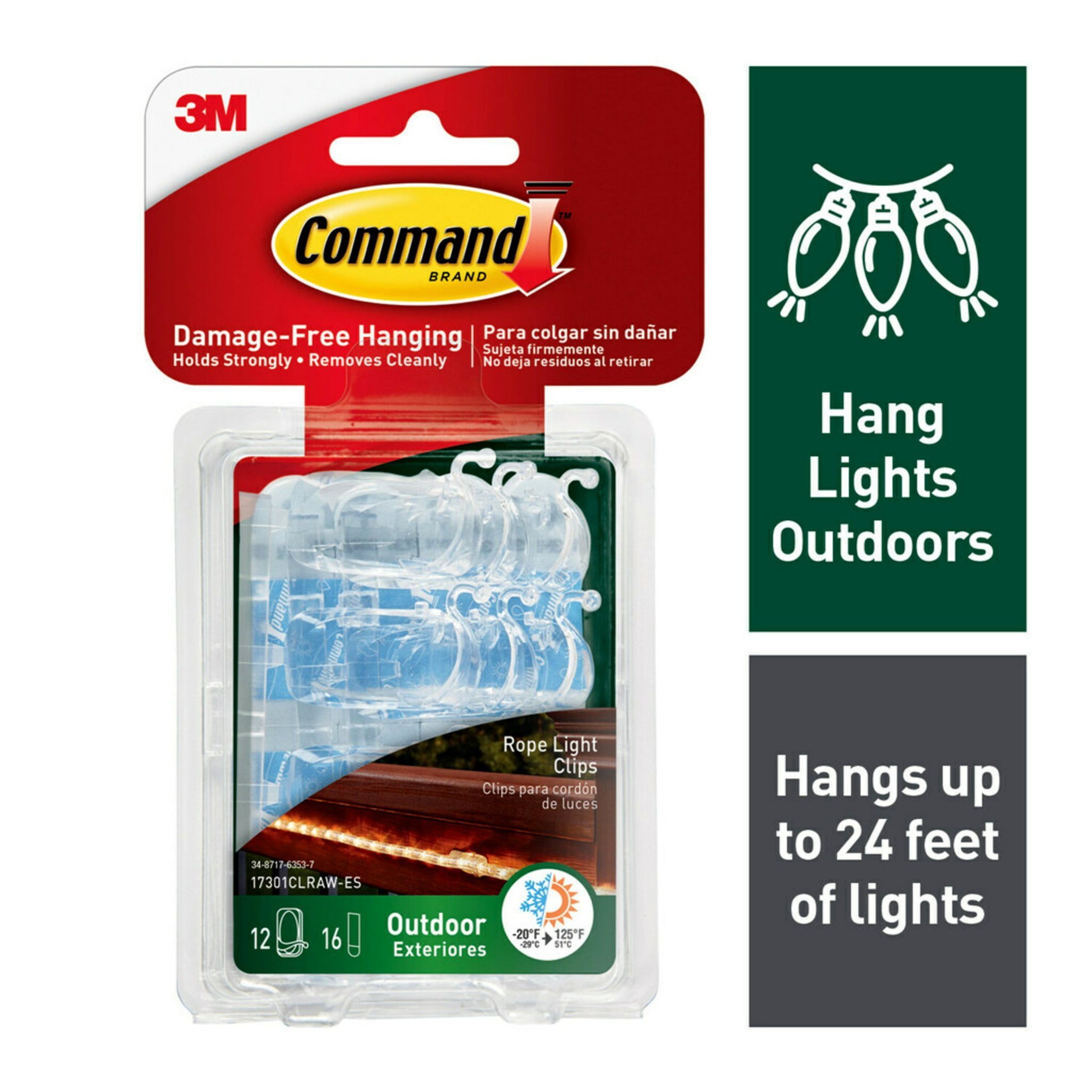 Command Outdoor Rope Light Clips, Clear, Hang Lights, 12 Clips and 16 Strips, Holiday Decorations