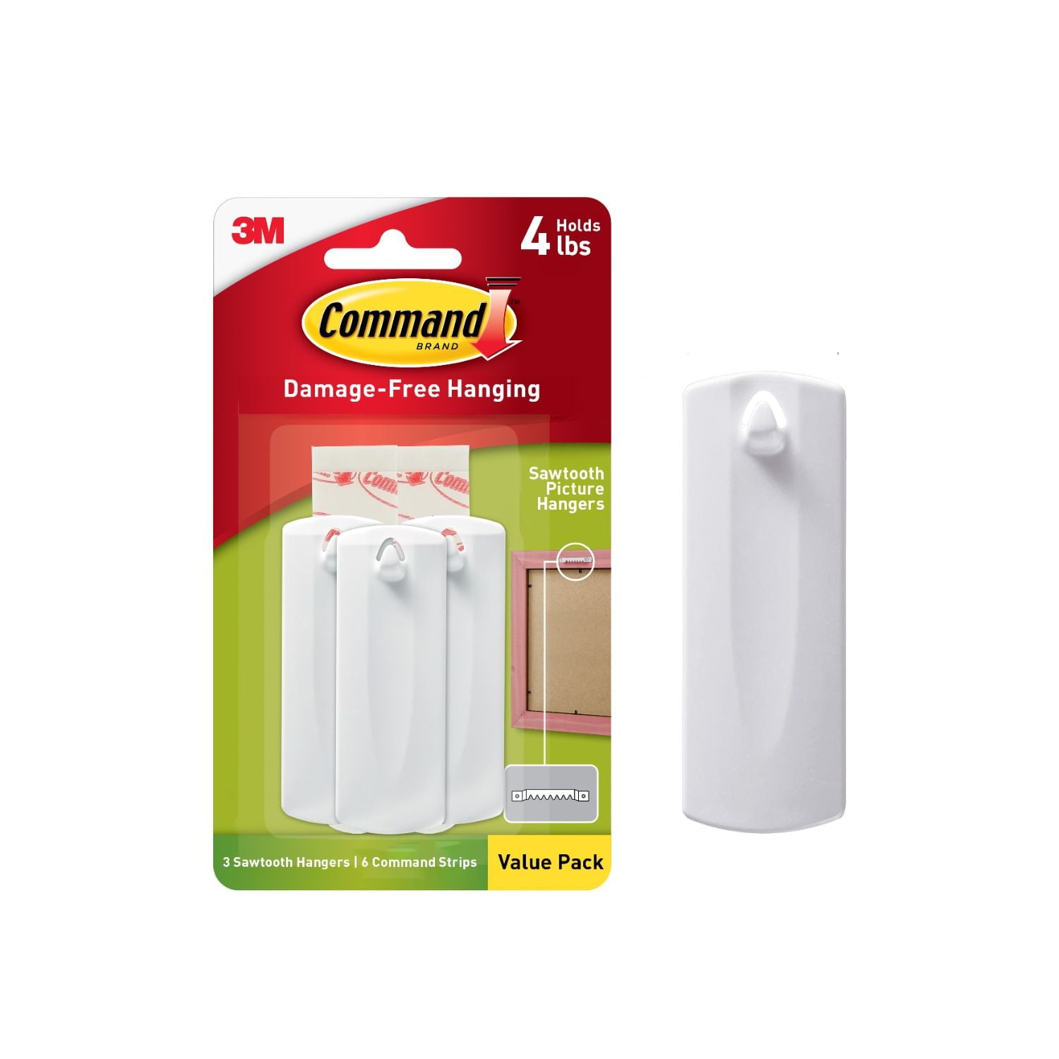 Command Sawtooth Picture Hanger, White, 3 Hangers, 6 Strips Per Pack