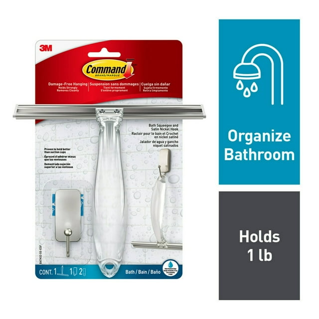 Command Shower Squeegee, Satin Nickel, 1 Stainless Steel Squeegee, 1 Bath Wall Hook, Rust Resistant