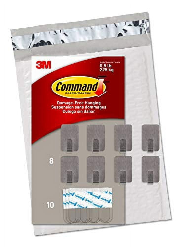 Command Small Stainless Steel Metal Hooks 8 Hooks, 10 Command Strips, Holds up to 0.5 lb, Removable Self Adhesive Hooks, Great for Wall DÃ©cor