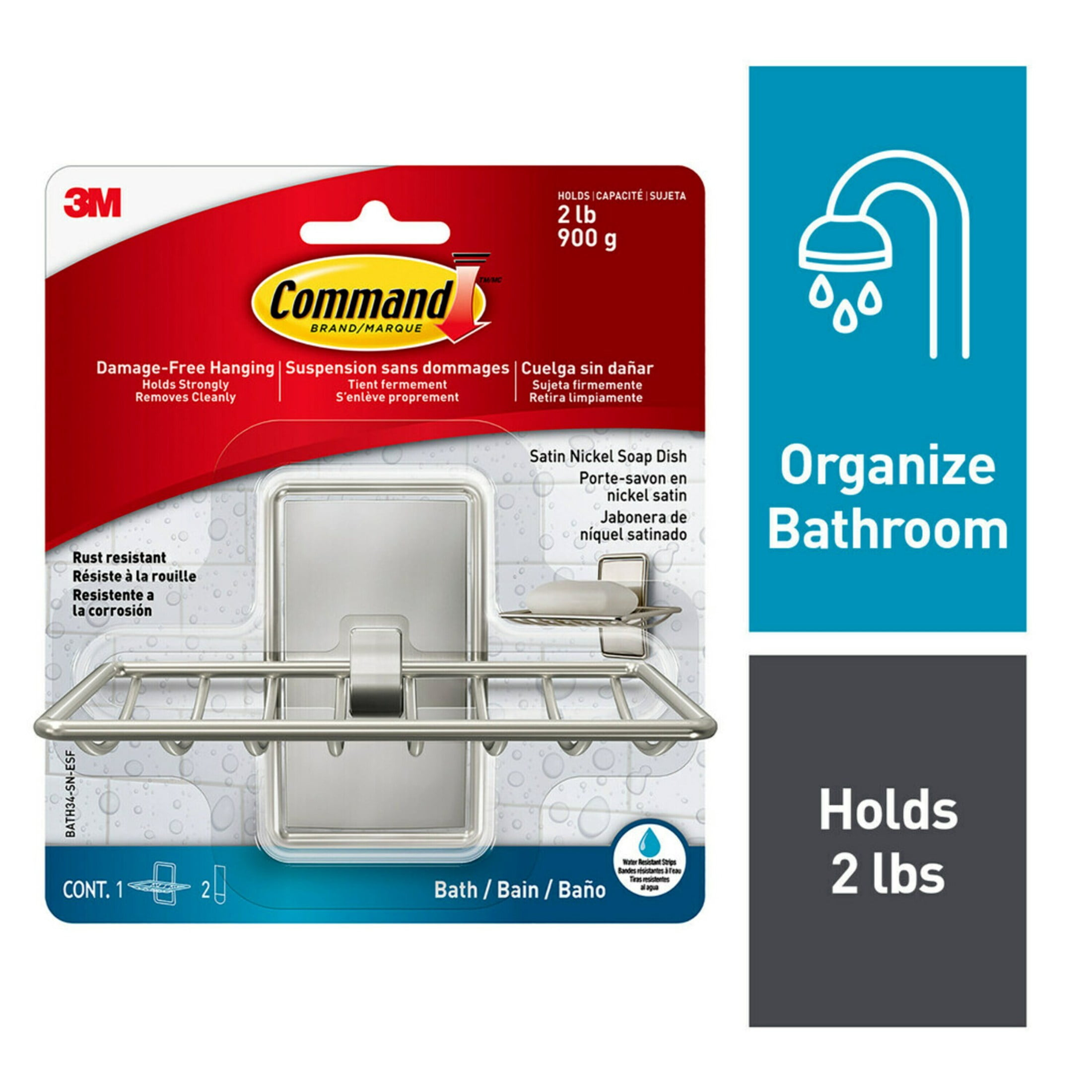 Command Soap Dish, Satin Nickel, Bathroom Organizer, 1 Soap Dish and 2 Command Strips