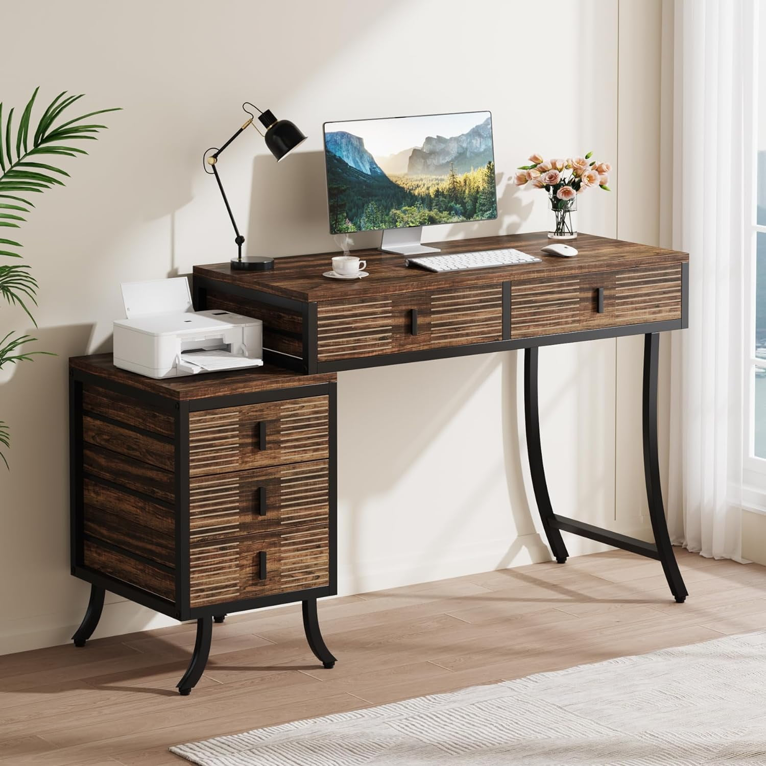 Tribesigns Computer Desk with 5 Drawers, 55" Home Office Desk with Reversible Drawer Cabinet