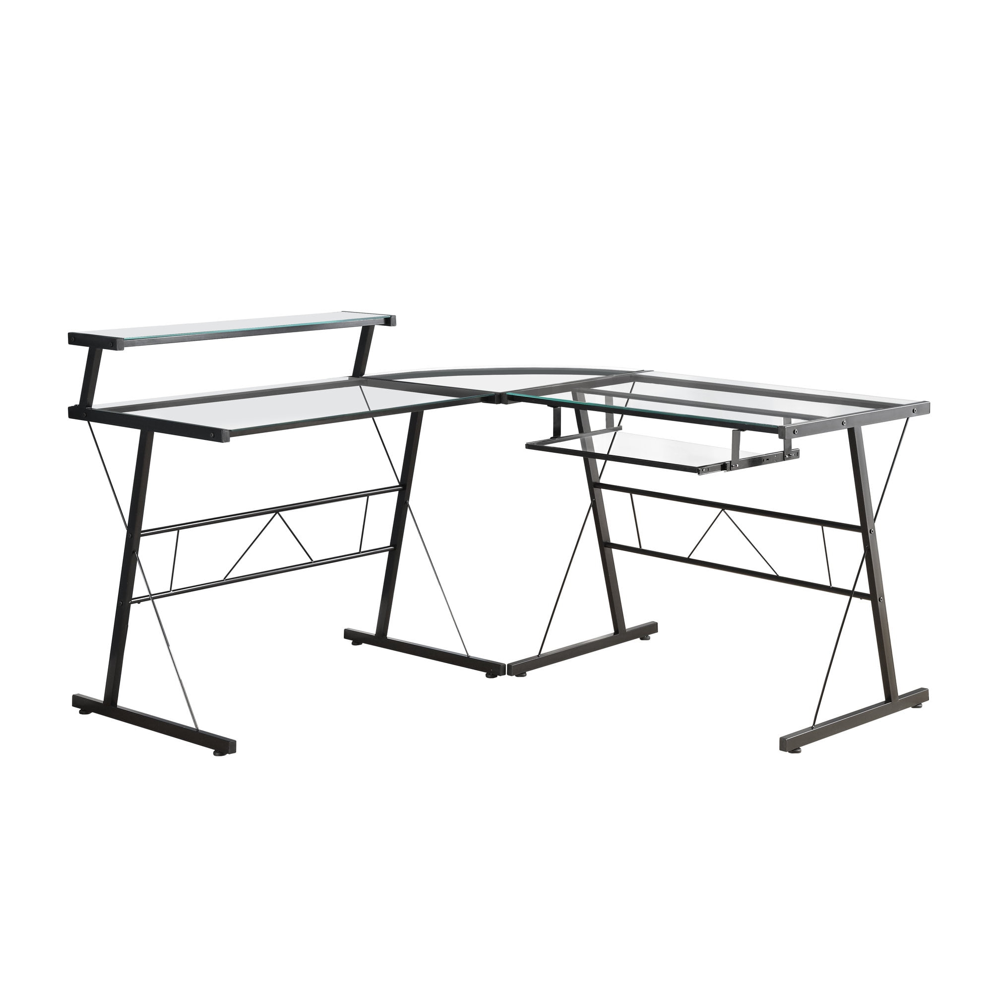 Monarch Specialties Computer Desk Home Office Corner L Shape Work Laptop Metal Tempered Glass Black Clear Contemporary Modern