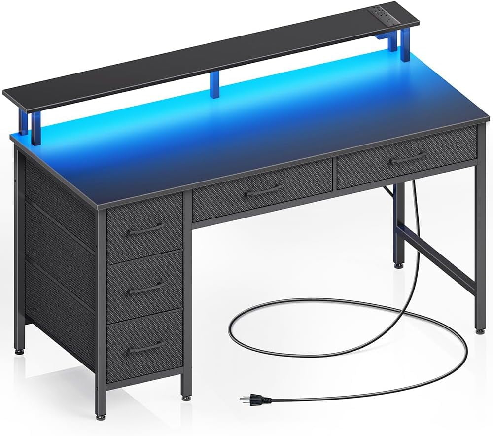 Computer Desk with Power Outlets & LED Light, 39 inch Home Office Desk with 5 Drawers, Writing Desk with Monitor Stand,Work Desk for Home Office, Black