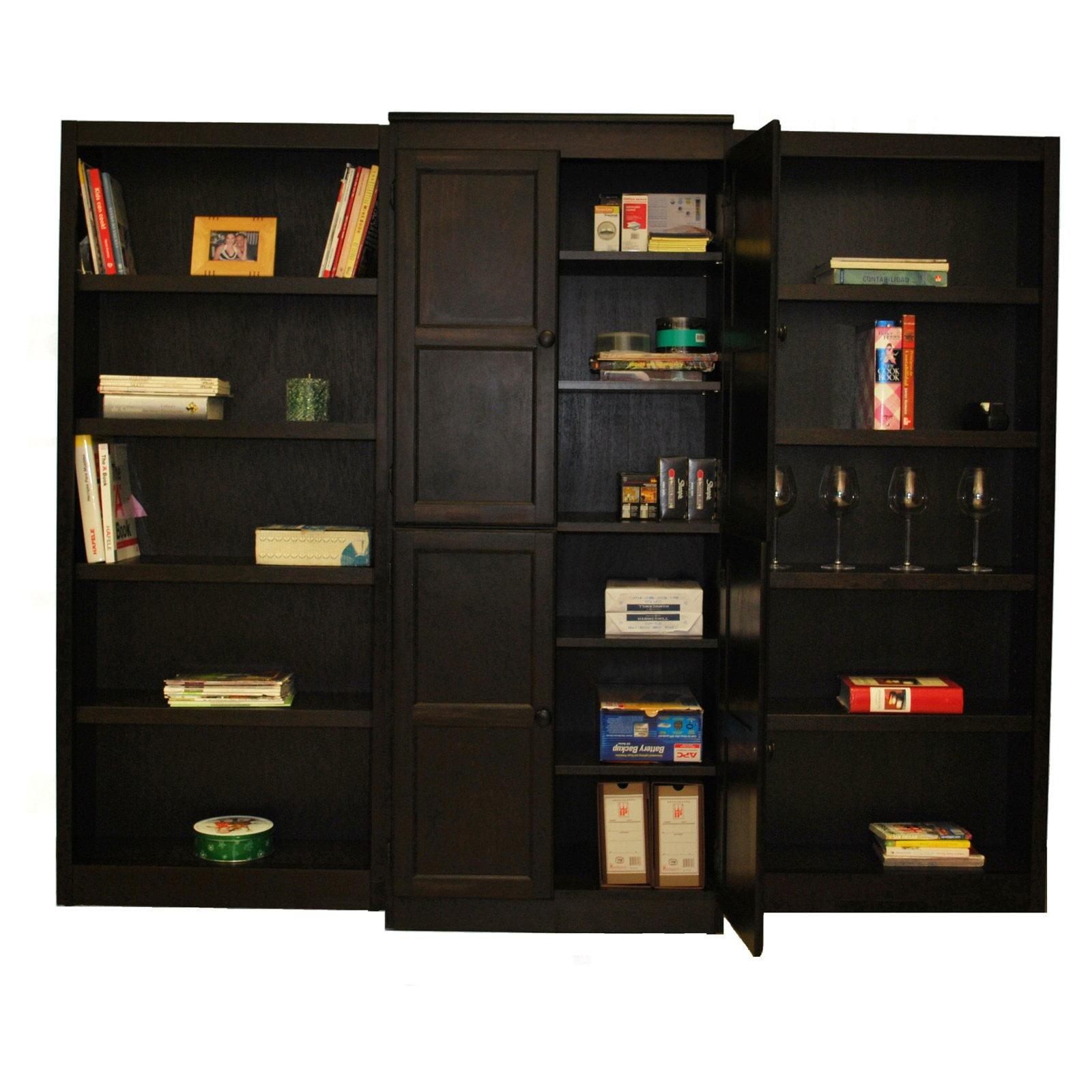 Concepts in Wood 15 Shelf Bookcase Wall with Doors, 72 inch Tall - Espresso Finish