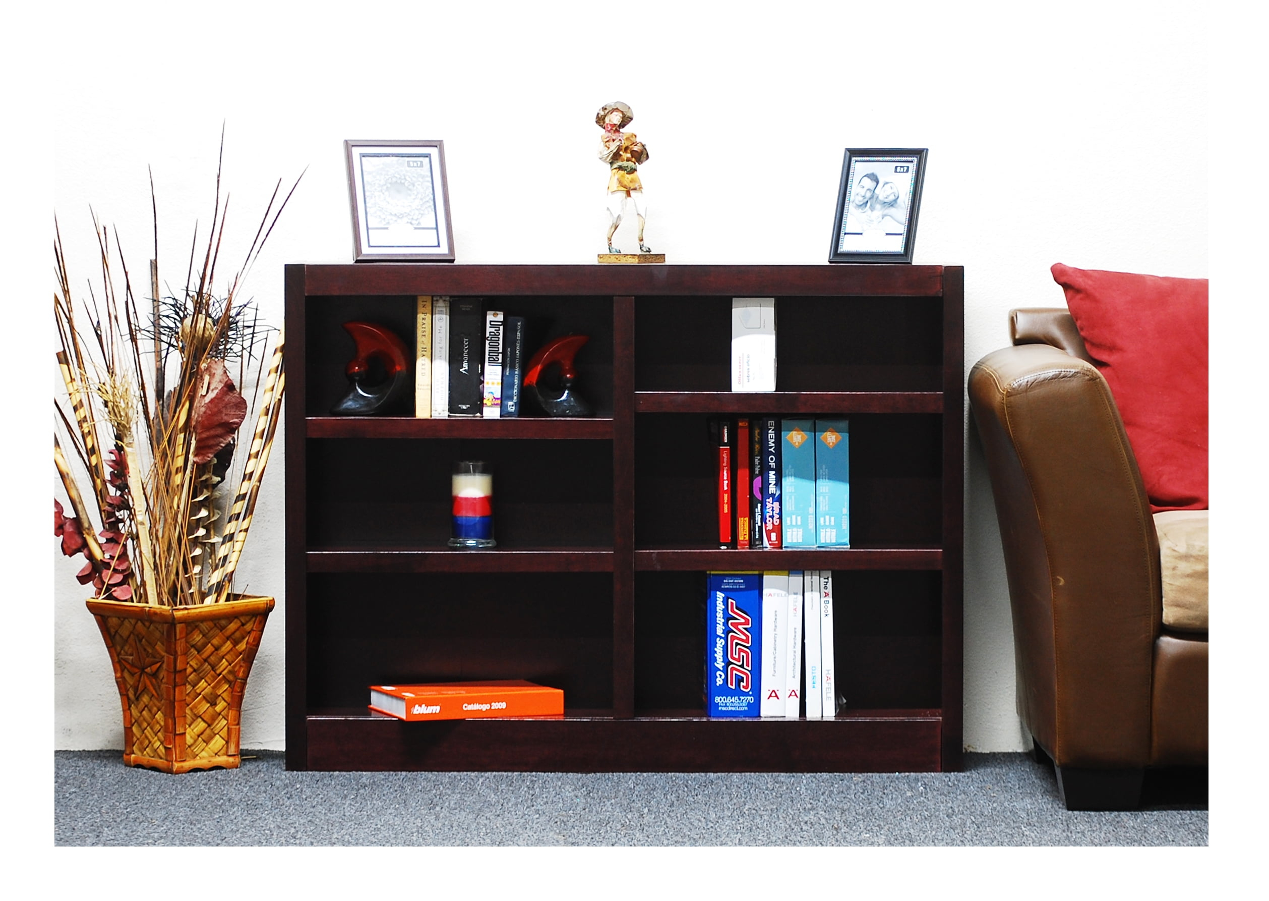 Concepts in Wood 6 Shelf Double Wide Wood Bookcase, 36 inch Tall - Cherry Finish