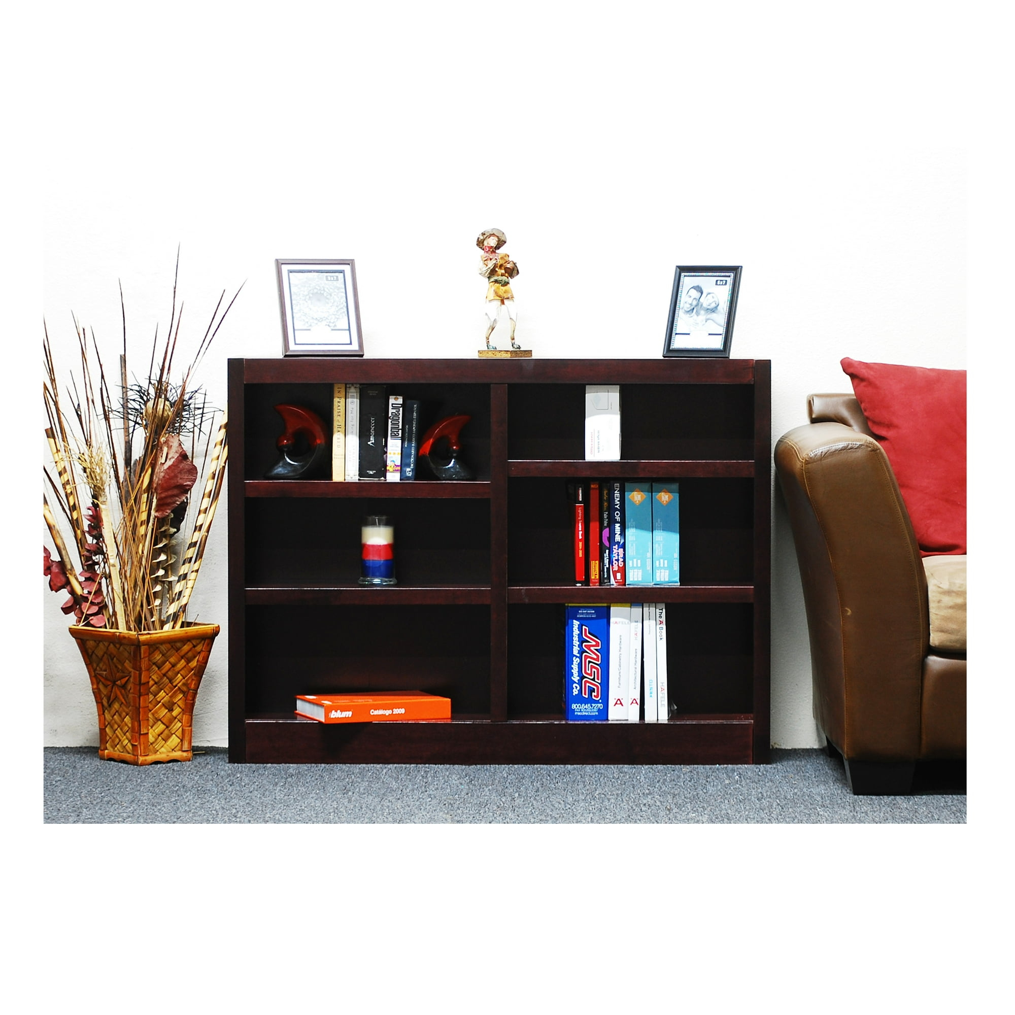 Concepts in Wood 6 Shelf Double Wide Wood Bookcase, 36 inch Tall - Cherry Finish