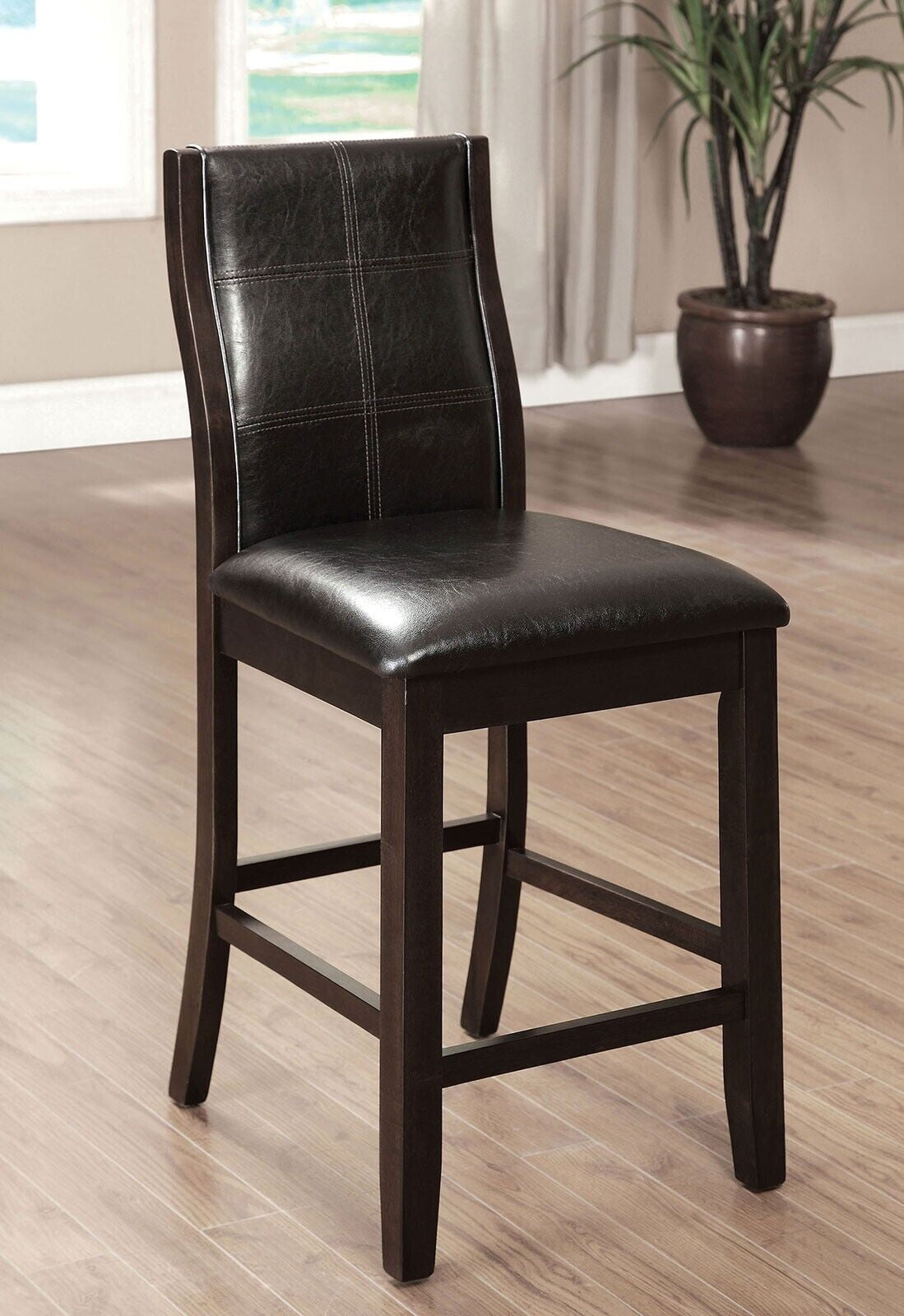 Contemporary Brown Cherry 2pcs Dining Room Counter Height Chairs Espresso Leatherette Padded High Chairs Kitchen