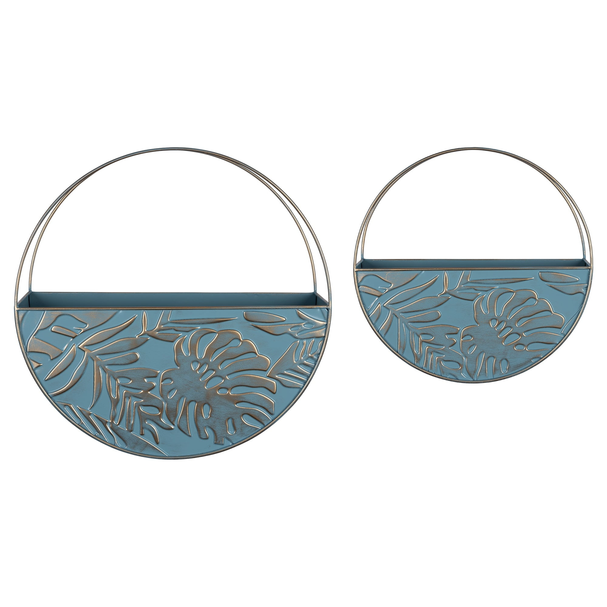 Contemporary Home Living Set of 2 Blue and Gold Boho Metal Round Wall Planters 15"