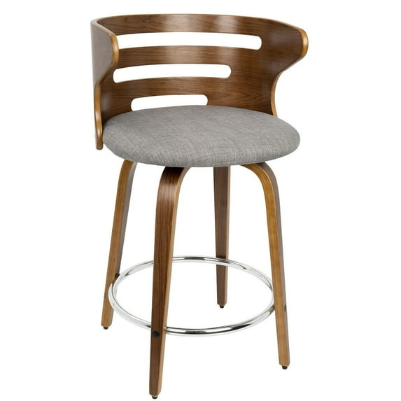 Cosini Mid-Century Modern Counter Stool with Swivel in Walnut and Grey Fabric by LumiSource - Set of 2