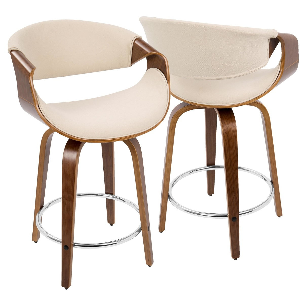 Walnut Wood Cream Fabric Swivel Counter Stool Set of 2
