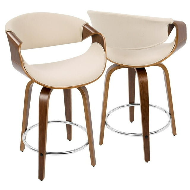 Walnut Wood Cream Fabric Swivel Counter Stool Set of 2