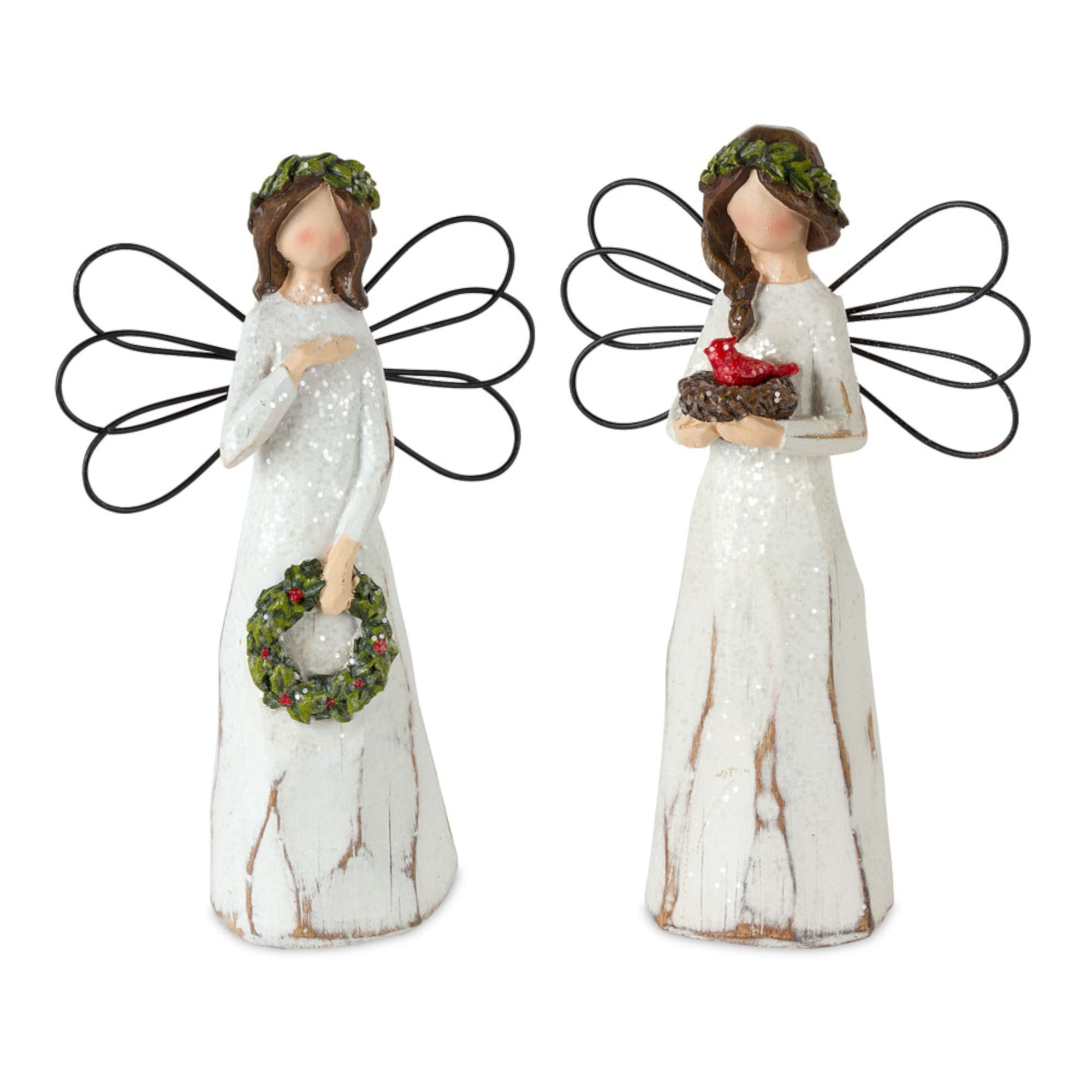 Contemporary Home Living Set of 6 Brown and White Rustic Glittering Angels 7"