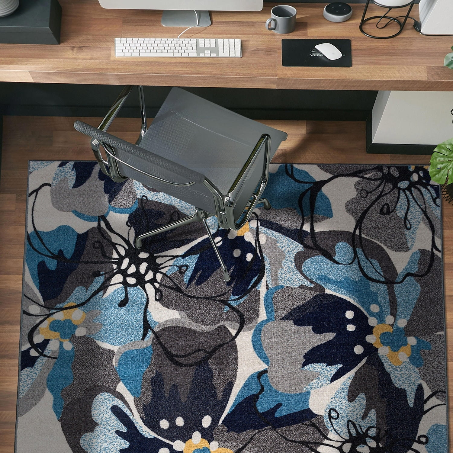 World Rug Gallery  Modern Floral Non-Slip Area Rug Ivory, Blue, Grey 6'6"x9' Pet Friendly, Stain Resistant, Non Slip 6' x 9', 7' x 9' Indoor Living