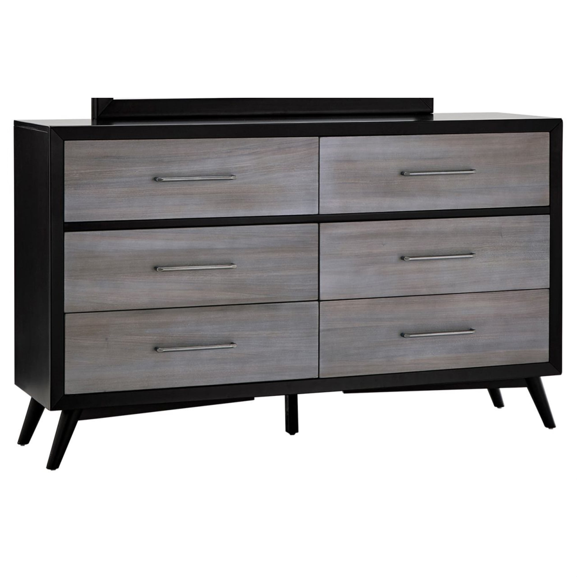 Contemporary Six Drawers Wood Dresser with Metal Handles, Gray and Black