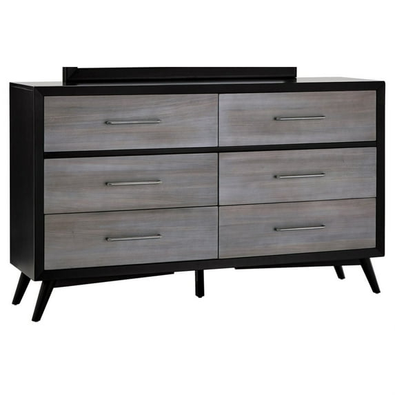 Contemporary Six Drawers Wood Dresser with Metal Handles, Gray and Black