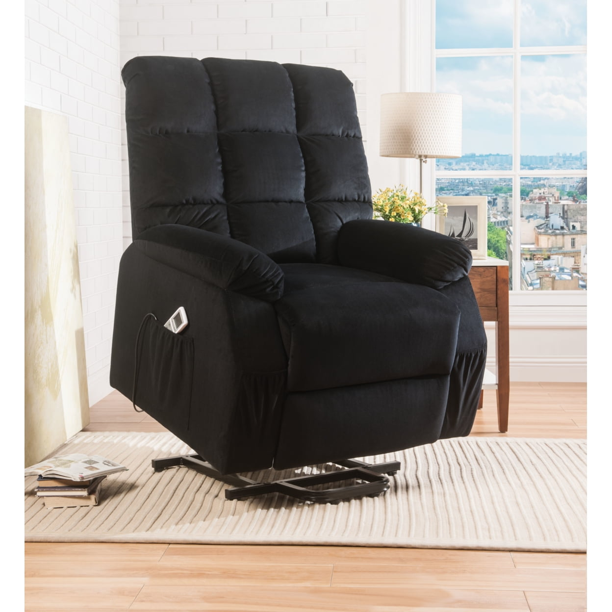 Contemporary Velvet and Metal Recliner with Power Lift, Black- ACME